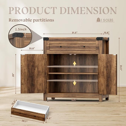 YESHOMY Coffee Bar and Accent Cabinet, Farmhouse Barn Door Buffet Sideboard with Drawer and Adjustable Shelf, Wide Desktop for Kitchen, Dining Room, Bathroom, Entryway, Brown