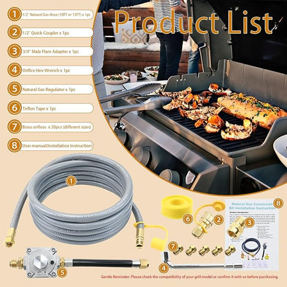Propane to Natural Gas Conversion Kit Compatible with weber genesis, genesis II, spirit and spirit II, etc Grills,15FT 1/2" Natural Gas Conversion Kit with Regulator for weber Grills, 1-Year Warranty