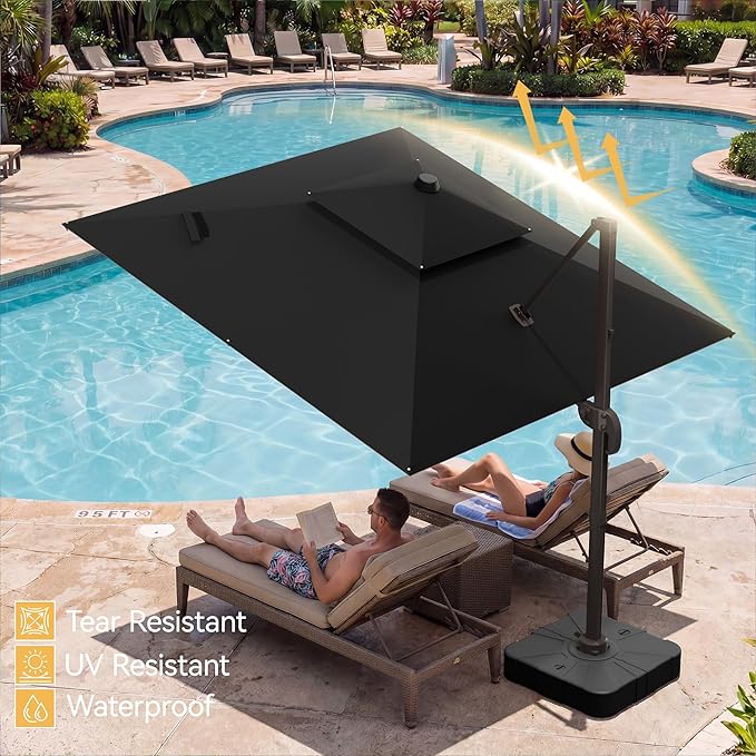 10x10 FT Patio Umbrella with Base, Large Cantilever Double Top Heavy Duty Offset Umbrellas with 360° Rotation, Outdoor shade for Garden Deck Pool, Black