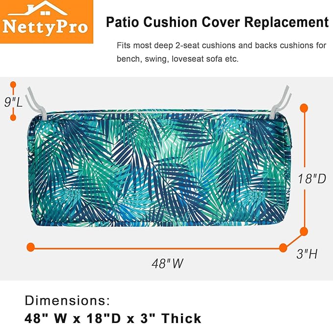 NettyPro Outdoor Bench/Loveseat Cushion Cover 48 x 18 x 3 Inch, Water Resistant UV Protection Patio Furniture Swing Cushion Slip Cover with Zipper, Replacement Cover Only