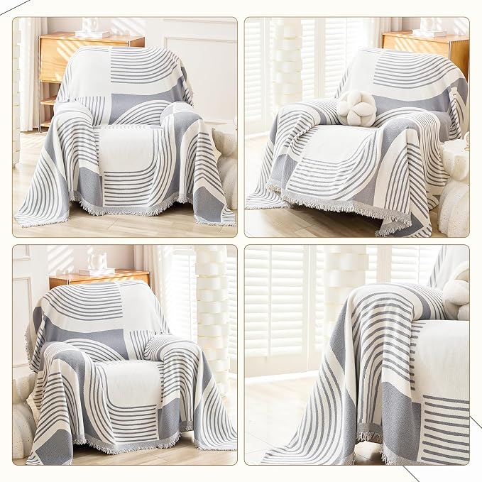 WEYOND Boho Couch Cover, Chenille Sofa Covers Washable, 71" x 91", Grey | Bohemian Sofa Slipcover with Tassels for 1 Cushion Couch, Armchair, Chair, 1 Seater