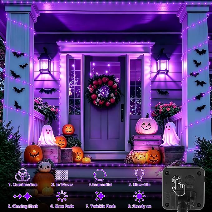 QITONG 2 Pack Solar Halloween Lights, Each 33ft 100 LED Purple String Lights, 8 Modes Clear PVC Tube Light Outdoor Waterproof