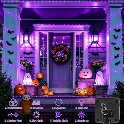 QITONG Purple Solar Halloween Lights, 66ft 200 LED Solar Rope Lights Outdoor, 8 Modes Fairy Lights in Clear Thin Tube