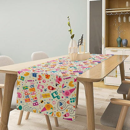 Birthday Table Runner, Dotted Spirals Stars Hearts Musical Notes Surprise Present Boxes Pattern Smil Decor Dining Room Kitchen Runner Fabric Linens 13x108in