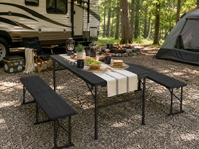 Camping table folding table and chairs foldable picnic table Portable Black | Folding Table and Bench Set: 6-ft portable picnic table with two attached benches. Ideal for camping,BBQ and outdoor events