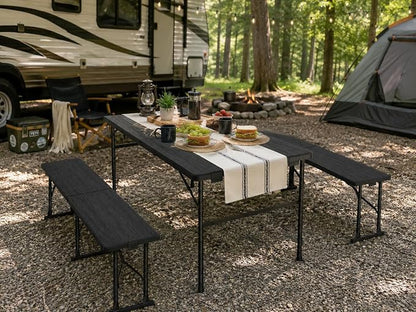 Camping table folding table and chairs foldable picnic table Portable Black | Folding Table and Bench Set: 6-ft portable picnic table with two attached benches. Ideal for camping,BBQ and outdoor events