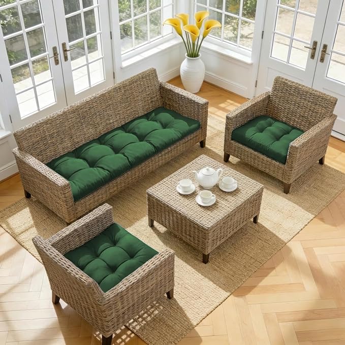 Wicker Chair Cushions of 3 Pieces, Waterproof Cushions for Patio Furniture, Tufted Wicker Outdoor Furniture Cushions, 1 Patio Loveseat Cushion and 2 U-Shaped Cushions, 44"x19"x5", Dark Green