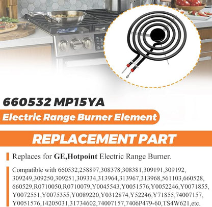 【Upgraded】660532 MP15YA Electric Range Burner Element 6 inch 1500W 4 Turns surface element fit for Whirlpool Kenmore ranges replacement burners wfc310s0ak, rf110axsq3, kf330add1,ffef3011lwd,etc.