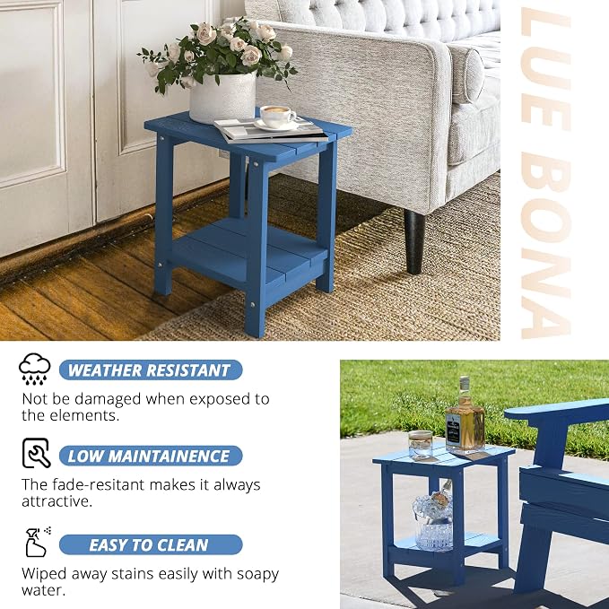LUE BONA Outdoor Side Table, 2-Tier HDPS Small Patio Table, Navy Blue | 2-Tier Shelf for Extra Storage, Small End Table for Pool, Porch, Balcony, Weather Resistant HDPS, Easy Clean