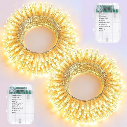 Pooqla 2 Pack String Lights Battery Operated, Total 66.6ft 200 LED Fairy Lights Indoor Outdoor Decorations, 8 Modes Warm White Battery Christmas Lights for Bedroom Classroom Porch Party Yard Decor