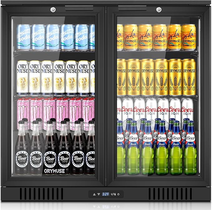 ORYMUSE 36 Inch Commercial Back Bar Cooler with 2 Glass Doors, 7.2 Cu.Ft Under Counter Beverage Refrigerator with Safety Lock and LED Light for Bar, Restaurant and Home, Black