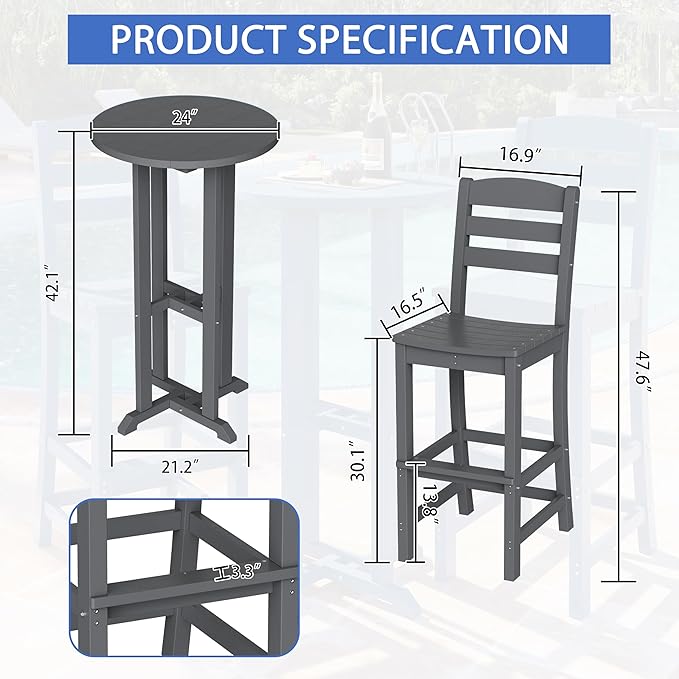 Shintenchi 3 Pieces Outdoor High Top Bar Set, 1 Patio High Top Round Table and 2 Bar Height Tall Adirondack Chair, All-Weather Outdoor Bistro Bar Set for Balcony Pool Deck, Dark Grey