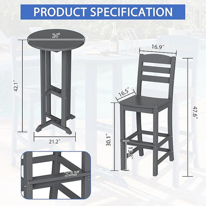 Shintenchi 3 Pieces Outdoor High Top Bar Set, 1 Patio High Top Round Table and 2 Bar Height Tall Adirondack Chair, All-Weather Outdoor Bistro Bar Set for Balcony Pool Deck, Dark Grey