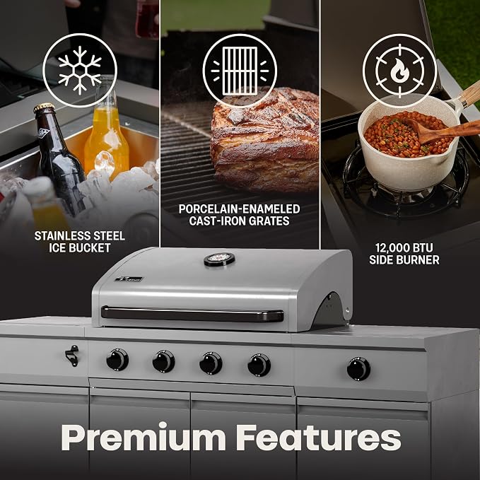 Tytus Fresno 66" 5-Burner Propane or Nat Gas Island Grill, 60K Total BTUs | Pre-assembled for fast install, 864 sq inch cooking area with Side Burner, Storage, Ice Bucket, On Wheels - Gunmetal Island