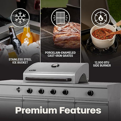 Tytus Fresno 5-Burner Propane or Natural Gas Island Grill – 864 sq. in. Cooking, 48,000 BTU Main + 12,000 BTU Side Burner, Porcelain Grates, Storage Cabinets, Semi-Portable - GM/Graphite Starter Kit