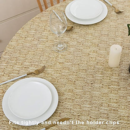 LIBERECOO Oval Fitted Vinyl Tablecloth with Flannel Backing - Fits 48 x 68 Inch Oval Table - Rope Weaving - Elastic Edged for Secure Fit, Waterproof Wipeable Table Cover