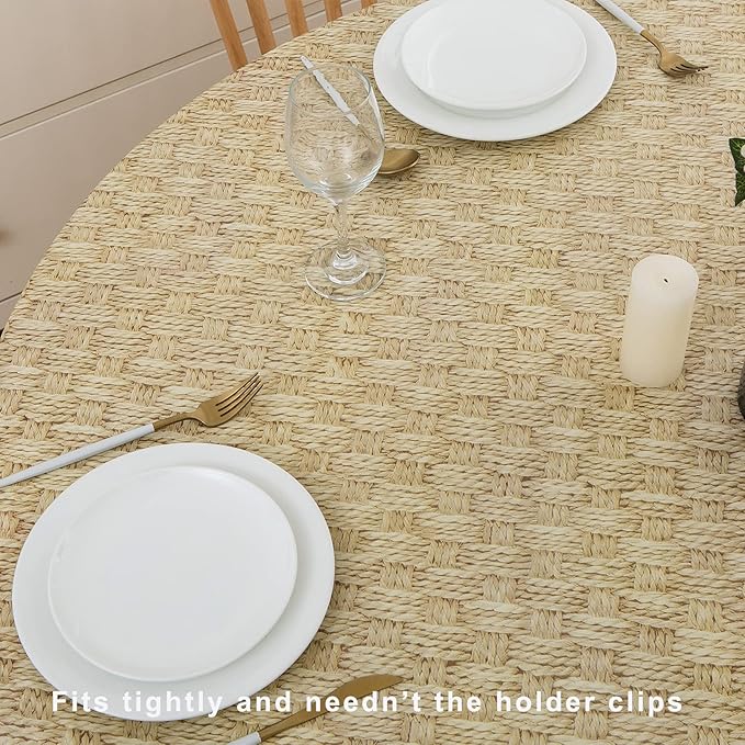 LIBERECOO Round Vinyl Fitted Tablecloth with Flannel Backing Elastic Edge Table Cover Waterproof Stain-Resistant Wipeable Tablecloths Fits 57-65" Round Tables