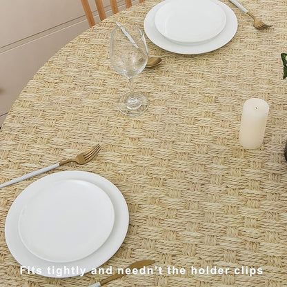 LIBERECOO Round Vinyl Fitted Tablecloth with Flannel Backing Elastic Edge Table Cover Waterproof Stain-Resistant Wipeable Tablecloths Fits 57-65" Round Tables
