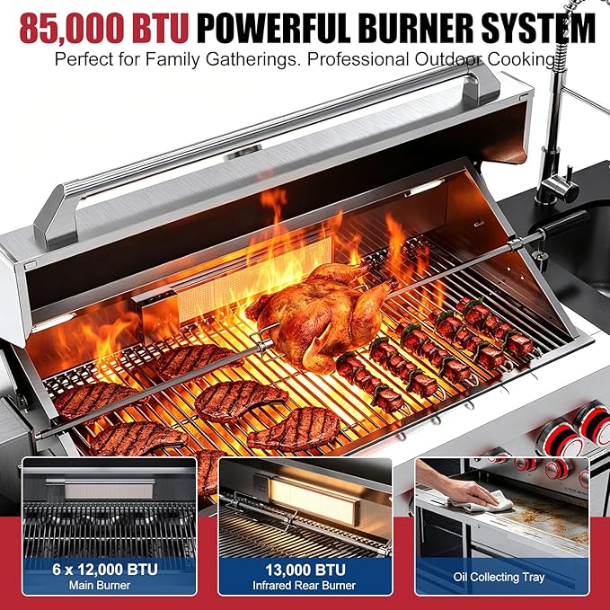 Outdoor Kitchen Island, 85,000 BTU 6 Main Burners, 304 Stainless Steel Propane Gas Grill, Prefab BBQ Island Station with Rotisserie Kit, 68L Fridge, Sink & Granite Countertops