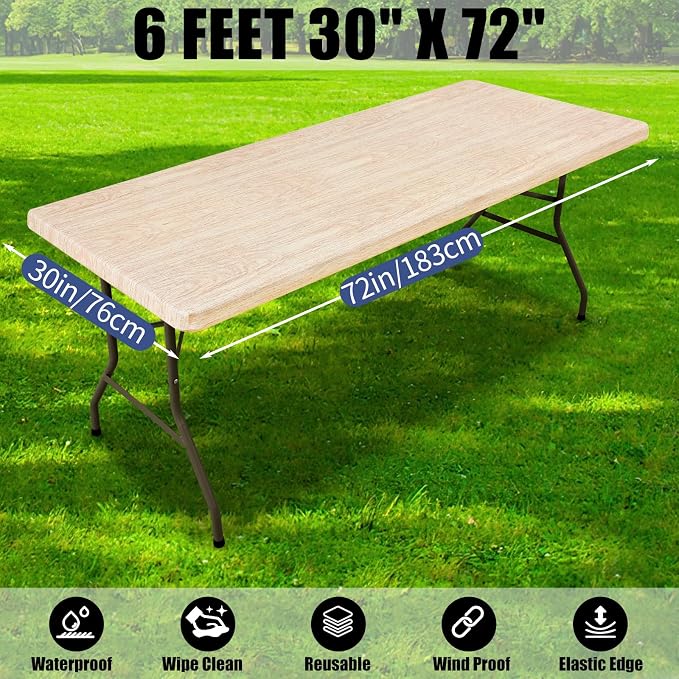 Smiry 2 Pack Rectangle Table Cloth 6 Foot, Waterproof Elastic Fitted Tablecloths, Windproof Washable Polyester Table Cover for Picnic, Camping, Outdoor (Ivory, 30"x72")
