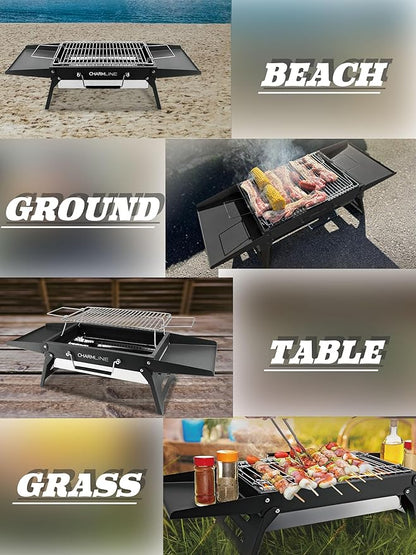 Charmline 14x9inch Foldable Portable Grill Charcoal, Compact Portable Grill for Outdoor Use, Desktop Charcoal Grill, BBQ Grills for Camping, Picnics, Gardens and Beach Parties, Black