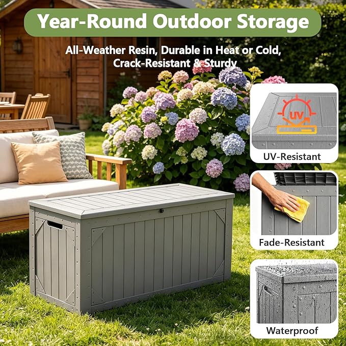 Outdoor Storage Box, 95 Gallon Deck Box Outdoor Storage Bench, Outside Waterproof Resin Storage Bench, Lockable Patio Cushions, Garden Tools Storage for Furniture, UV Resistant (Gray)