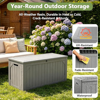 Outdoor Storage Box, 95 Gallon Deck Box Outdoor Storage Bench, Outside Waterproof Resin Storage Bench, Lockable Patio Cushions, Garden Tools Storage for Furniture, UV Resistant (Gray)