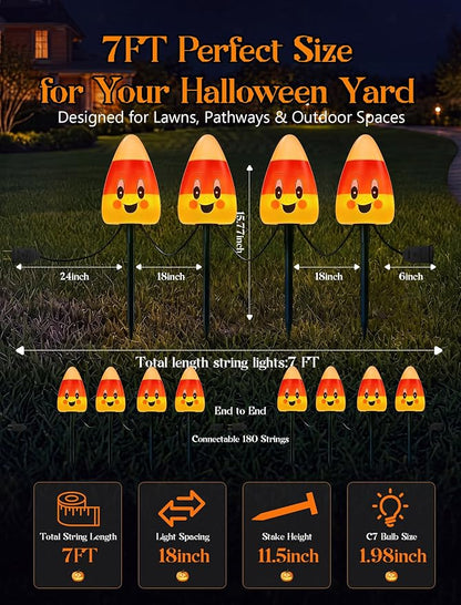 Halloween Candy Corn Pathway Lights Outdoor, 7Ft C7 LED Halloween Decorations Candy Corn Pathway String Lights Waterproof with 4 Stakes for Outdoor Garden Walkway Driveway Lawn Party Decor