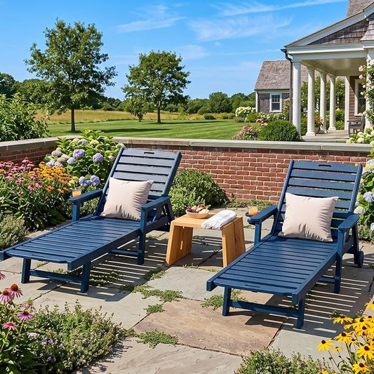 Garvee Lounge Chair Outdoor Set of 2 with Wheels & 5-Position Adjustable Backrest, Oversized Chaise Lounge with 2 Move Handle, HDPE Lounge Chair w/Detachable Cup Holder, for Patio, Pool,Navy Blue