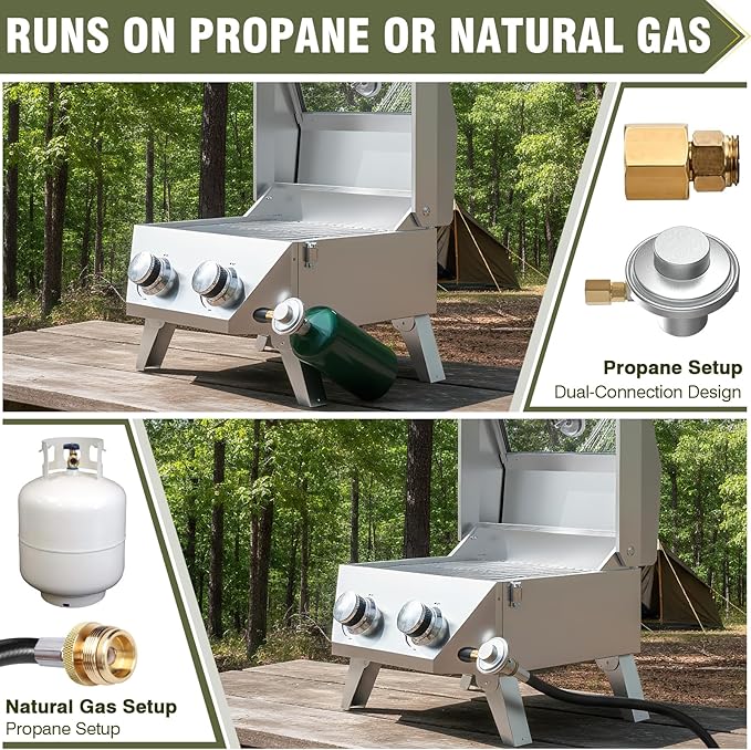 BESTFIRE 2-in-1 Portable Propane Grill, 20,000 BTU 2-Burner Tabletop Gas Grill for Camping & RV, Stainless Steel BBQ with Viewing Glass Lid, Thermometer & Dual-Gas Connection