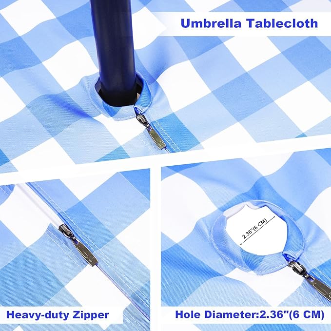 Poise3EHome Square Outdoor Tablecloth with Umbrella Hole and Zipper,Blue and White Gingham 60x60 Inch,SpillProof Washable Table Cloth for Spring Summer Patio Garden Poolside Picnic Camping BBQS