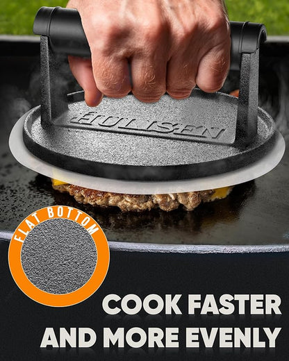 HULISEN Pre-Seasoned Cast Iron Burger Press Includes 100 Pcs Patty Paper, 2.3lb Heavy Duty 6” Burger Smasher for Griddle with Heat Resistant Handle, Grill Press for Hamburger, Bacon, Meat