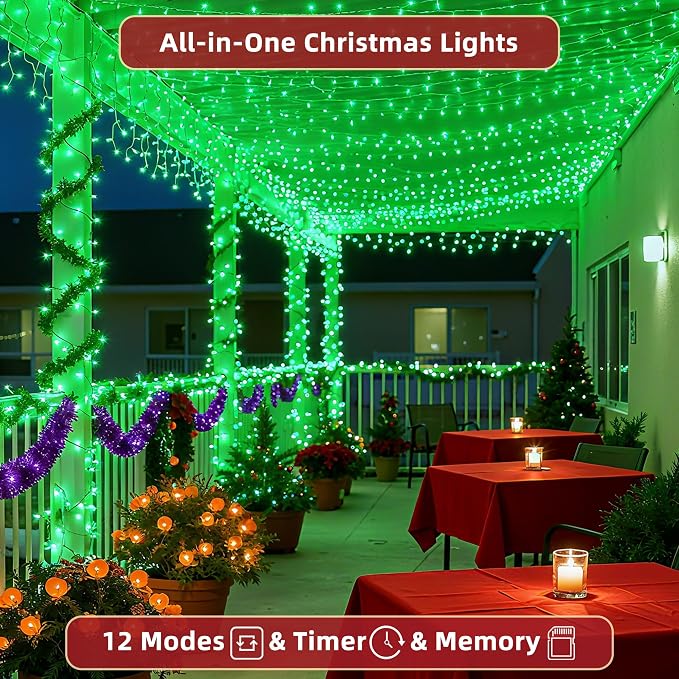 300LED 75FT Christmas Lights Indoor, LED Christmas Tree Decoration Lights with 12 Modes & Timer Memory, Dimmable Plug in Waterproof LED Xmas Light for Yard Trees Wedding Party Holiday Green