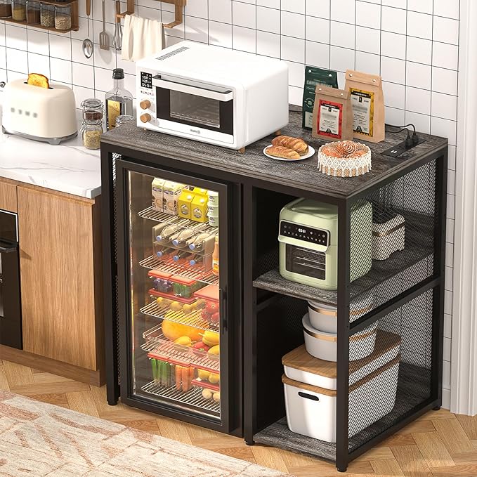 Homieasy Mini Fridge Cabinet with Power Outlet, Coffee Bar Cabinet with Mini Fridge Space, Industrial Liquor Cabinet with Wine Storage & Glass Holder for Dorm, Living Room, Home Kitchen, Grey