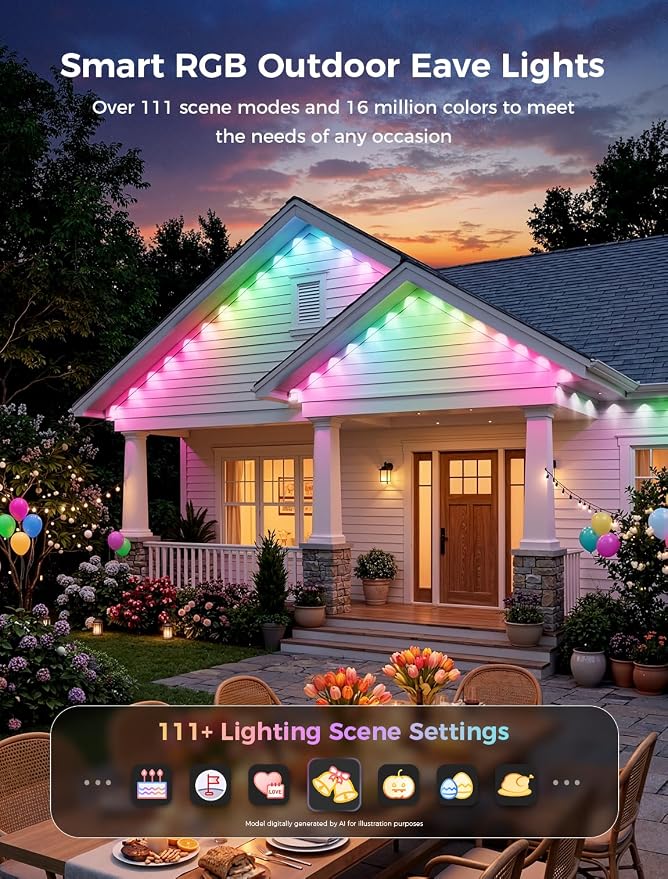 CDN Eaves Permanent Outdoor Lights, 200FT RGB+IC Outdoor Decor Light with 111+ Scene Modes, 90 LED Lights, Smart APP & Remote Control, Waterproof Permanent Light for Daily Holiday Decorations