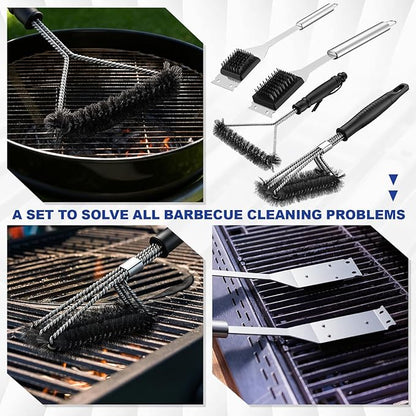 4 Pcs 304 Stainless Steel BBQ Grill Brush, 16.5” & 14” Wire BBQ Brush & Scraper, 15" Three-Head and 12" Three-Sided Brushes for Outdoor Grill Accessories, Ideal Gift for Men/dad