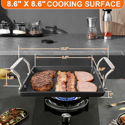8.6 Inch Cast Iron Griddle Pan, Medium Pre-seasoned Naturally Smooth Stove Top Flat Plate with Stainless Steel Handle for Gas Grill, Camping, BBQ, Smooth Surface One Burner Cookware