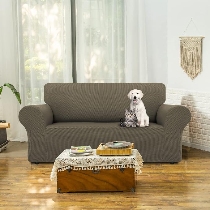 LURKA Stretch Loveseat Sofa Slipcovers 1 Piece Couch Covers for Sofa Furniture Protector Full Sofa Covers with Elastic Bottom for Kids and Dog (Medium, Khaki)
