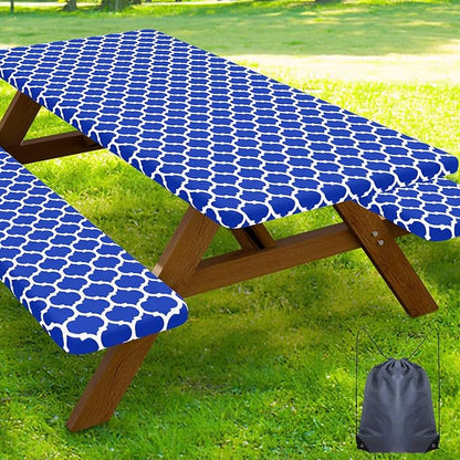 Smiry Picnic Table Cover with Bench Covers, Waterproof Elastic Fitted Tablecloth for 5 Foot Tables, Washable Polyester Tablecloths for Camping, Indoor & Outdoor (Blue, 30x60 Inch 3-pc Set)
