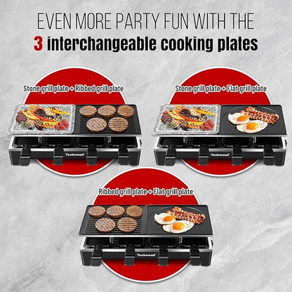 Raclette Grill, Techwood Electric Indoor Grill with 2 Reversible Non-stick Grill Griddle Plates, 1 Stone Grill Plate, 1500W Fast Heating with 8 Cheese Pans, Ideal for Parties and Family Fun, Black