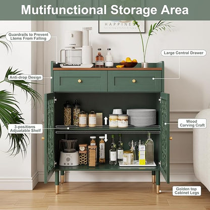 3More Sideboard Buffet Cabinet with Retro Carving Pattern Set of 2, Kitchen Pantry Storage Cabinet with 1 Drawer & 2 Doors, Coffee Bar for Living Room, Kitchen, Dining Room, Green