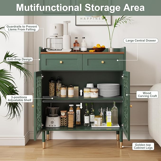 3More Sideboard Buffet Cabinet with Retro Carving Pattern,Kitchen Pantry Storage Cabinet with 1Drawer & 2 Doors，Coffee Bar for Living Room,Kitchen,Dining Room,Green