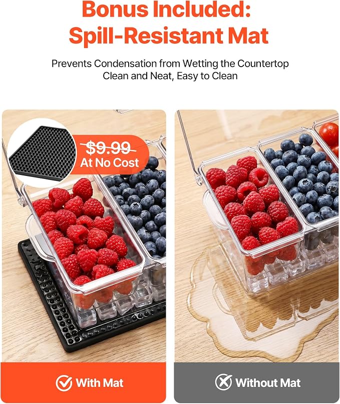 VEVOR Chilled Condiment Server Caddy, 5 Compartment Ice Cooled Serving Container, Plastic Fruit Garnish Tray Platter with Lid, for Taco Salad Bar Accessories, Party Home Restaurant Supplies