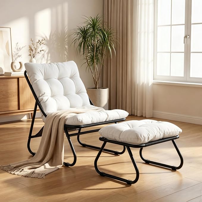 Rocking Chair with Ottoman, Modern Metal Frame Outdoor Rocker, Comfy Patio Lounge Chair with Footrest, Reading Glider Chairs for Living Room, Bedroom, Balcony, Garden, Relax, White