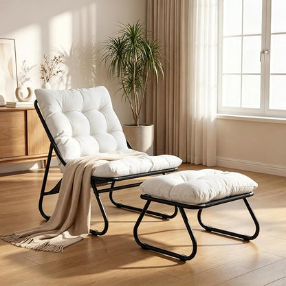Rocking Chair with Ottoman, Modern Metal Frame Outdoor Rocker, Comfy Patio Lounge Chair with Footrest, Reading Glider Chairs for Living Room, Bedroom, Balcony, Garden, Relax, White
