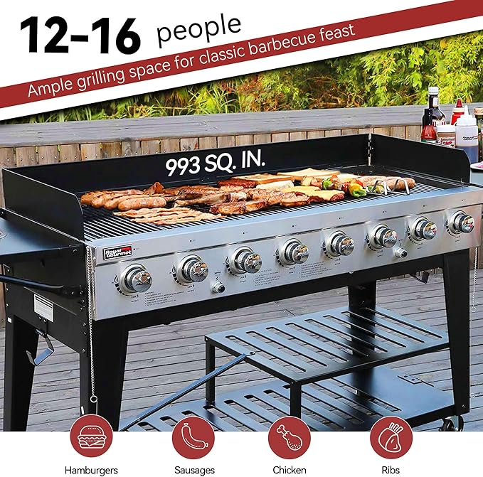 Royal Gourmet 8-Burner Gas Grill, 104,000 BTU Liquid Propane Grill, Independently Controlled Dual Systems, Outdoor Party or Backyard BBQ, Black
