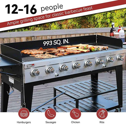 Royal Gourmet Event 8-Burner BBQ Propane Gas Grill with Cover, Picnic or Camping Outdoor