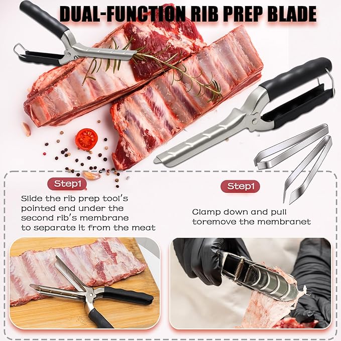 Rib Membrane Removal Tools, Rib Prep Tool, Stainless Steel BBQ Rib Skinner with 2Pcs Tweezers Pliers and Gloves, for Easy Rib Skinner, Kitchen Gadgets for Barbecue Enthusiasts & Chefs