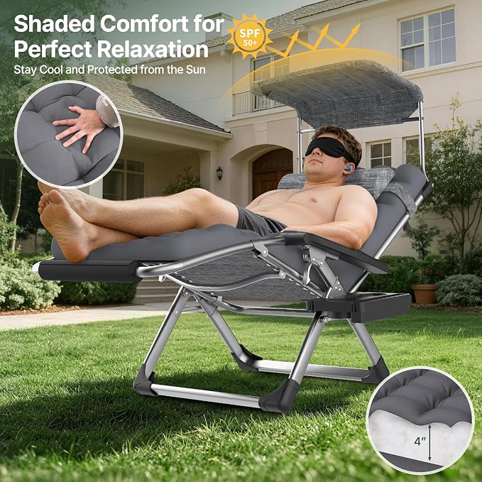 Suteck Zero Gravity Chair with Canopy, 29In XL Oversized Lounge Chairs | w/Removable Cushion&Headrest, Upgraded Lock and Footrest, Folding Reclining Patio Chairs Recliner for Indoor Outdoor