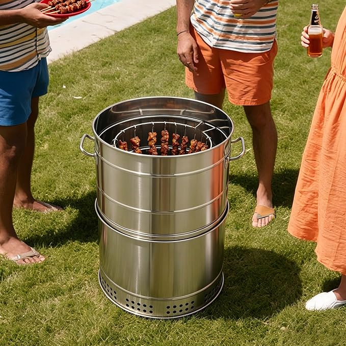 Portable Stainless Steel Charcoal Grill 50 Skewers, 500°C/932F°Smokeless Barrel BBQ Grill, Outdoor Barbecue Grill, Camping Grill, Large Capacity for Camping, Picnic, and Backyard Barbecue